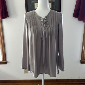 Max Studio, Womenโs Fine Charmeuse Lace Front Blouse. Light Gray, Small.
